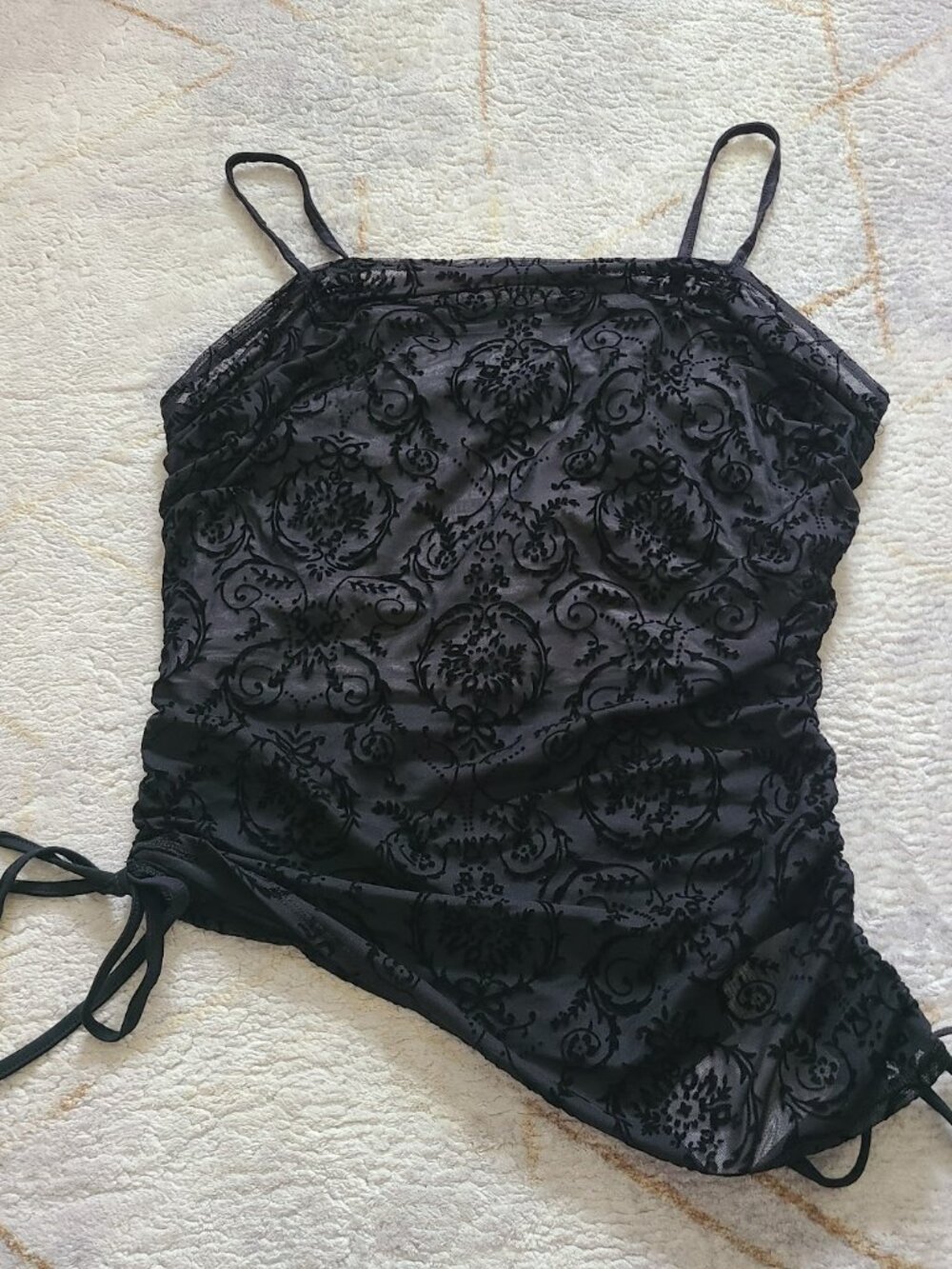 XL Black Sheer Mesh Velvet Flocked Top Ruched Y2K Goth Baroque Whimsigoth NWT